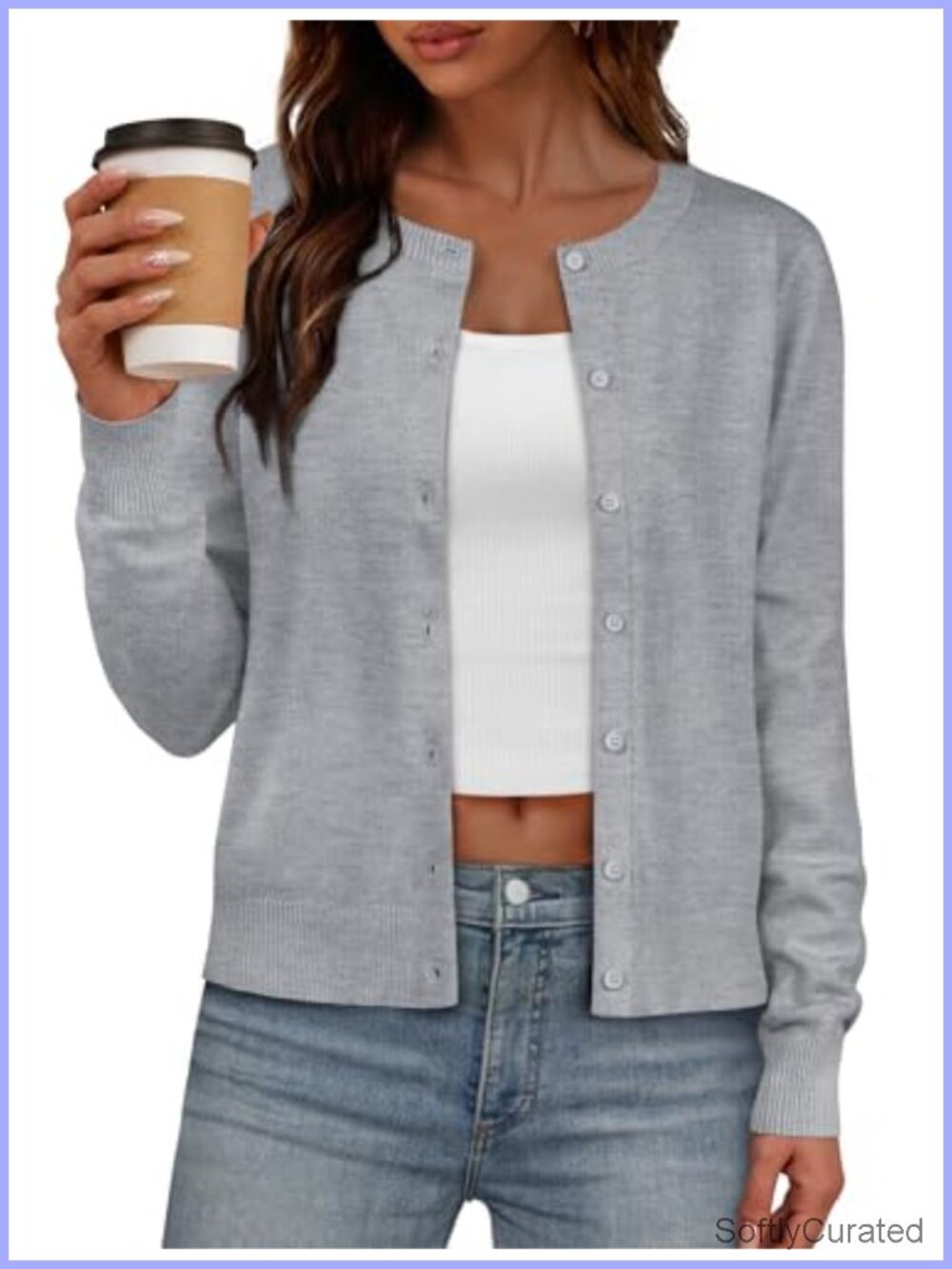 Lightweight Button Down Cardigan Long Sleeve Crew Neck Relaxed Fit Women's